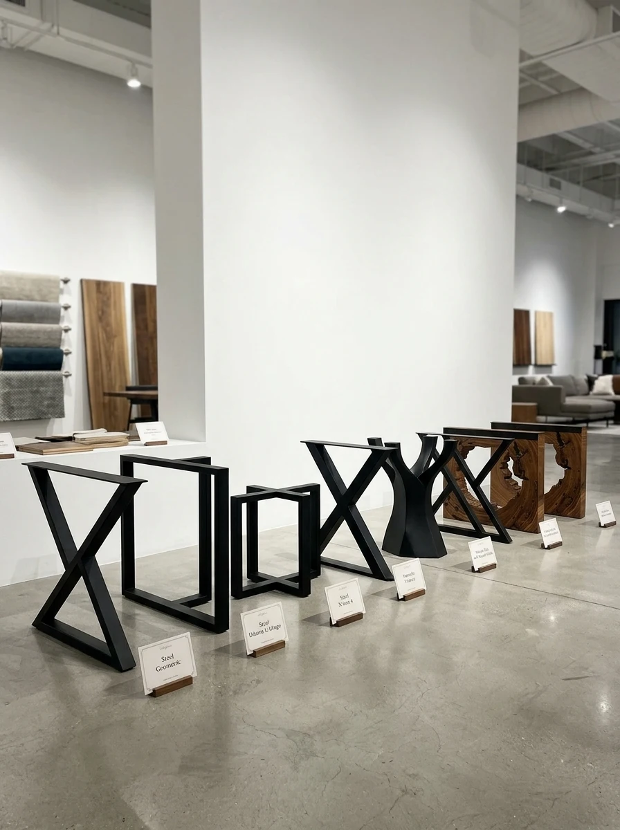 Dining table leg styles on display in the MORUXO showroom