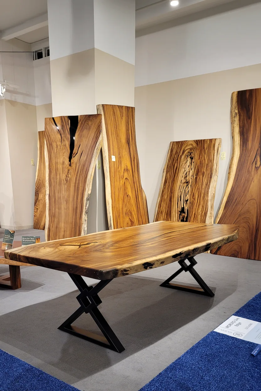 Live edge wood slabs on display in the MORUXO showroom