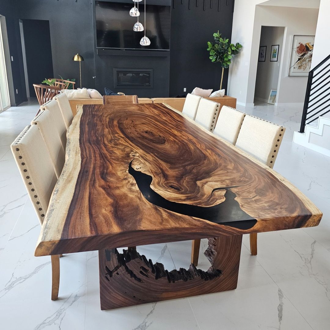 Live edge wood slab table on display in the MORUXO Austin showroom